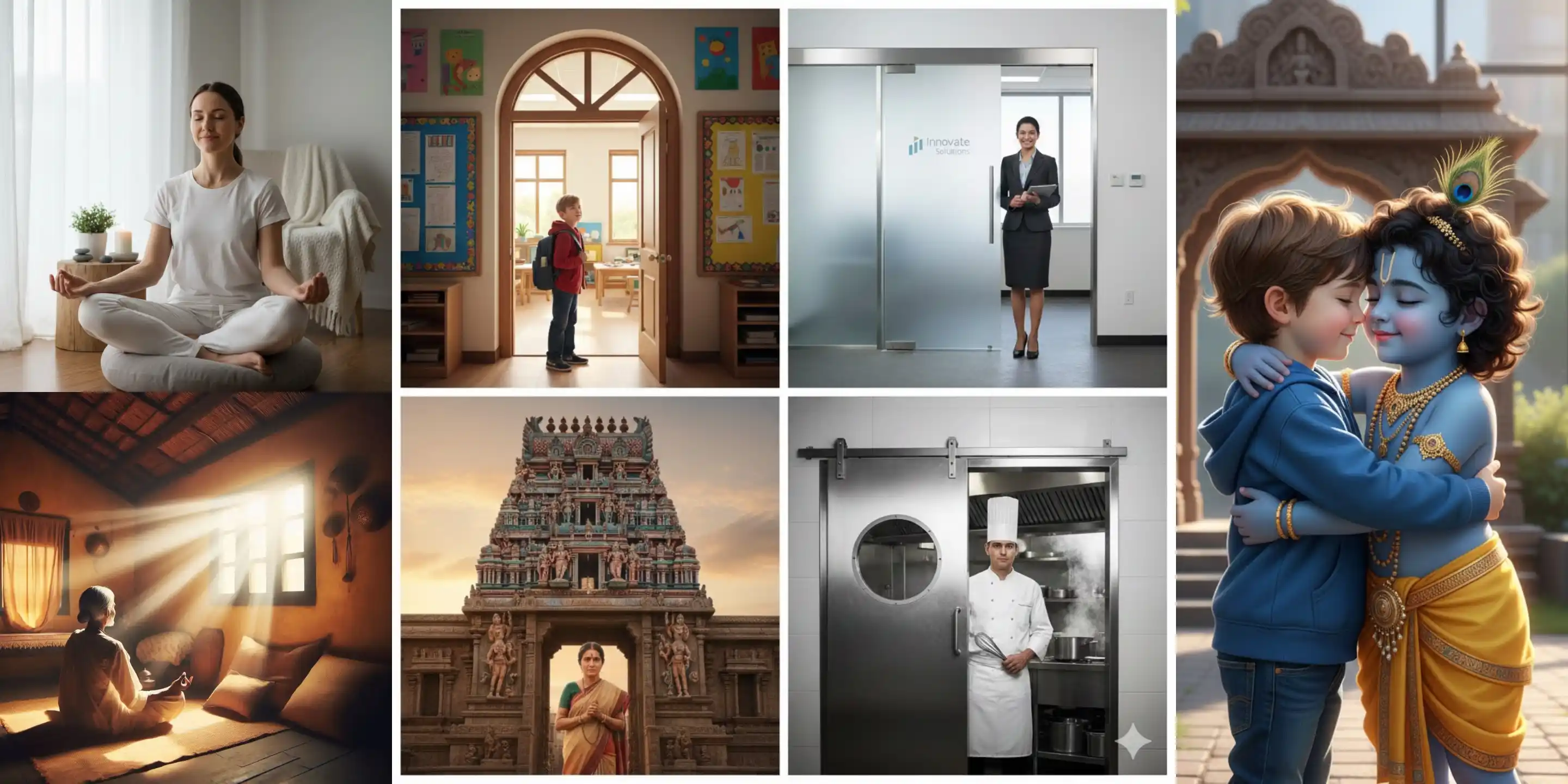 A collage of seven diverse images depicting meditation, education, professional work, and spiritual devotion.