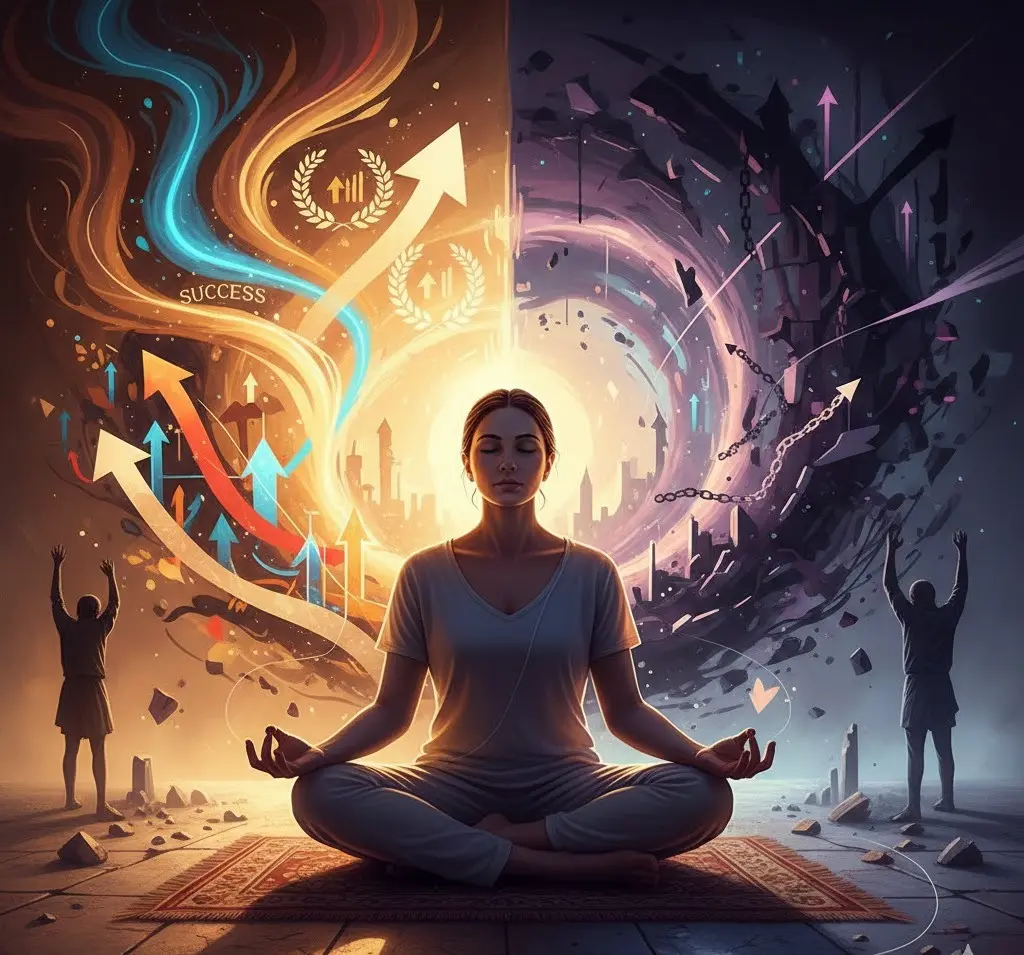 Meditating woman centering chaos.