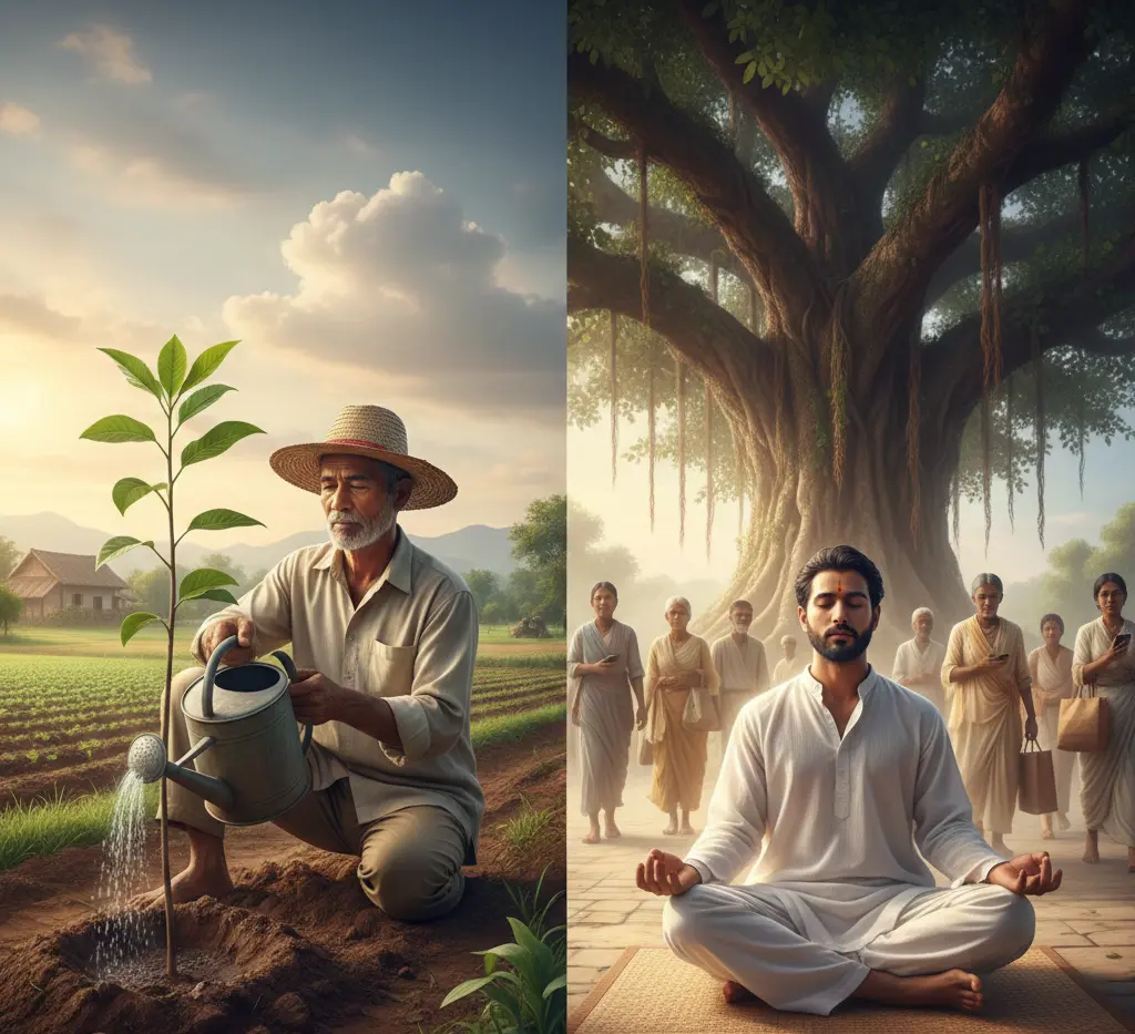 A farmer at work in farm. A man meditating under tree surrounded by villagers