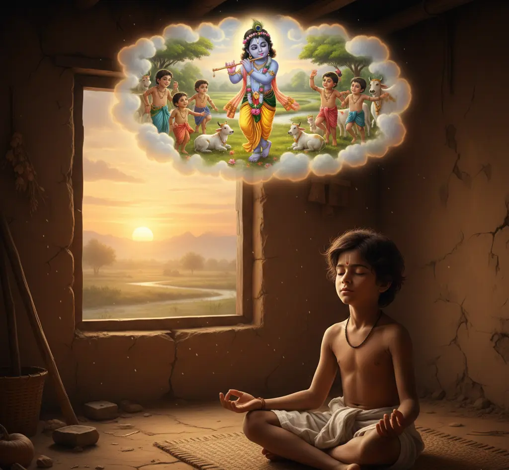 A young boy practicing meditation, visualizing divine form of Shri Krishna