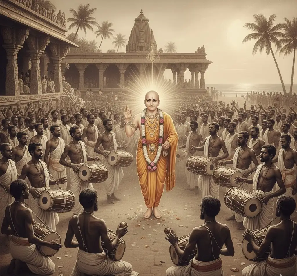 A glowing spiritual leader stands amidst a crowd of drummers outside a coastal temple.