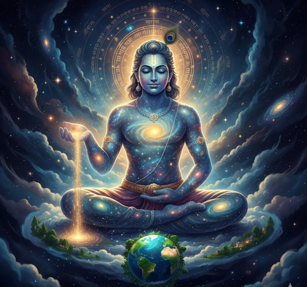  Cosmic Krishna meditating over Earth with galaxies within his body.