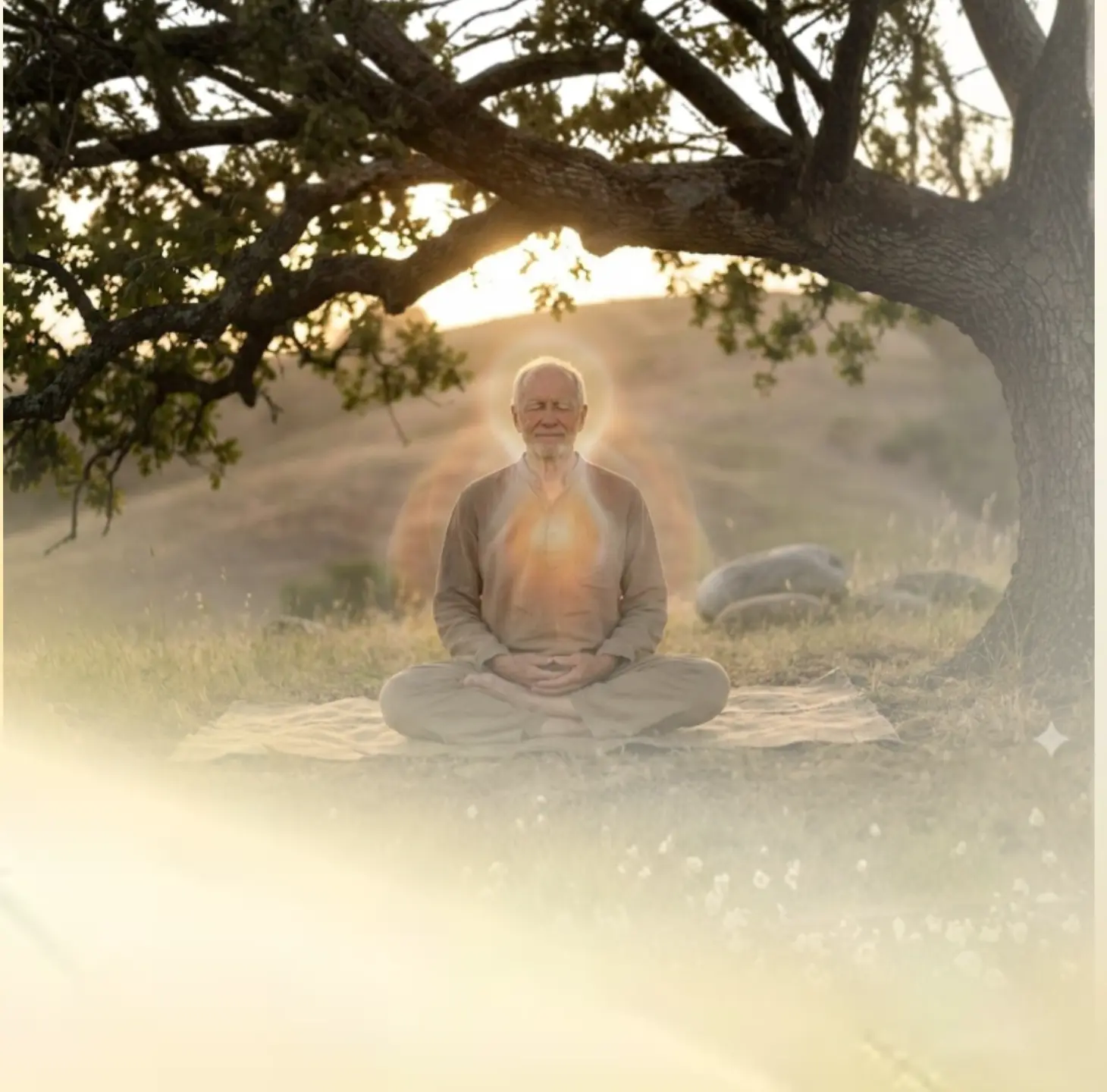 An old man siting in meditative pose in under a tree.