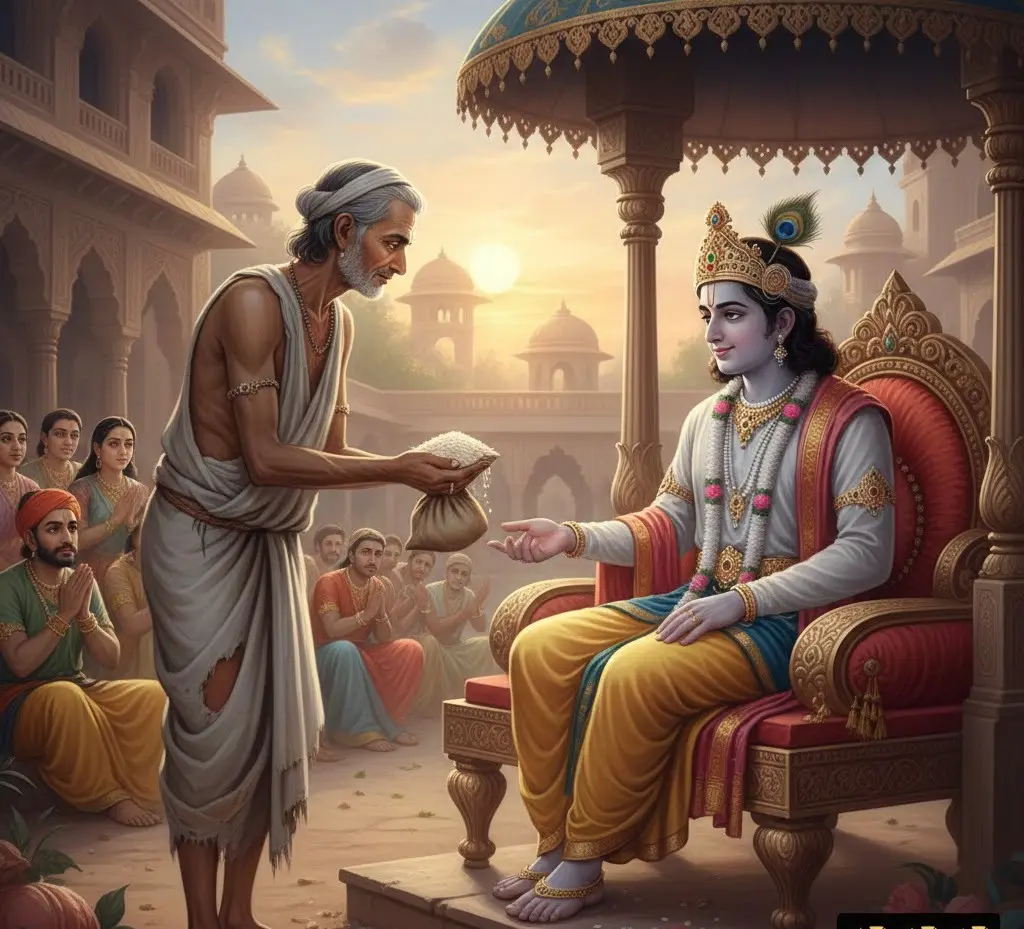 Elderly man offers a pouch of rice to a seated Lord Krishna in a palace courtyard.