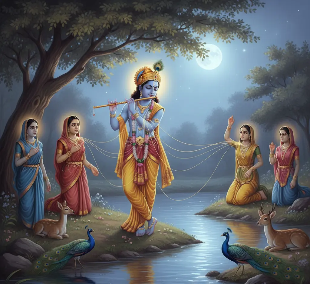 Shri Krishna playing flute with gopis near river