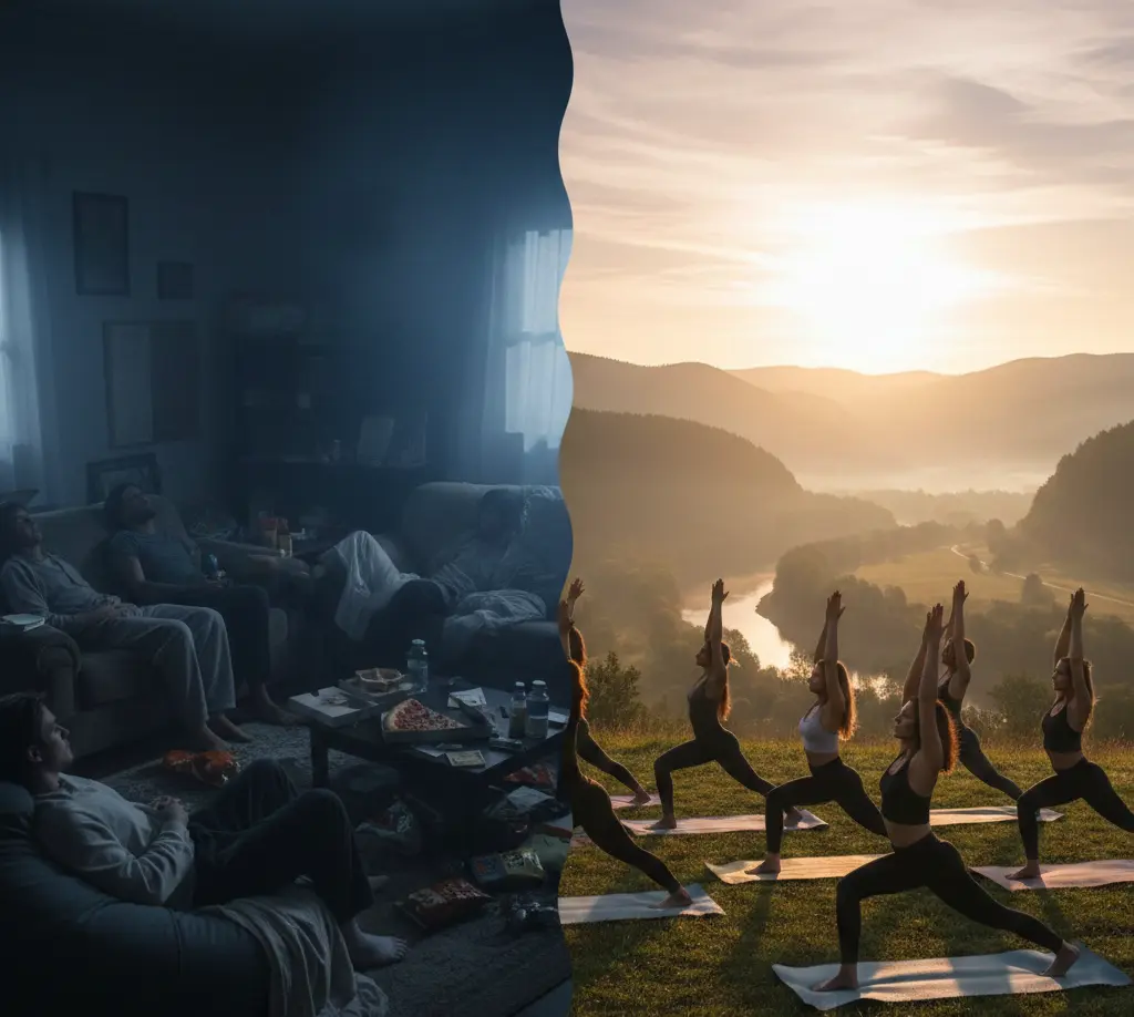 Split image: dim room with people lounging versus sunrise outdoor yoga session.