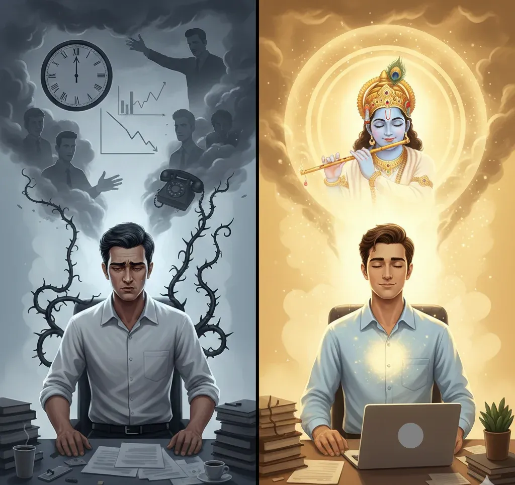 Split image: stressed man with dark clouds, charts, thorns; serene man working under golden light with Krishna above and glowing heart.