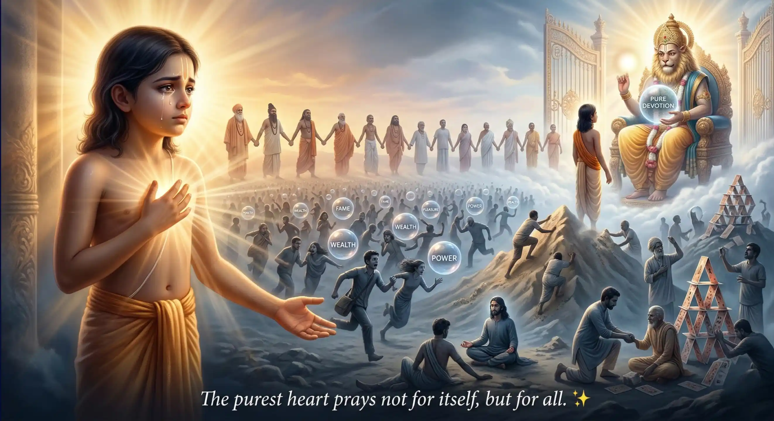 Split scene showing difference between devotee and materialistic world.