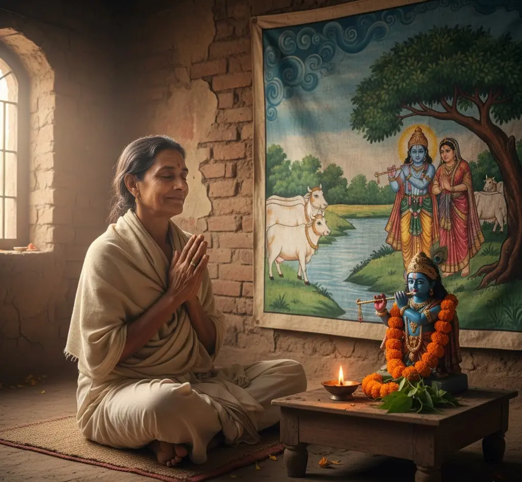Woman praying before a Krishna statue and painting in a rustic room.