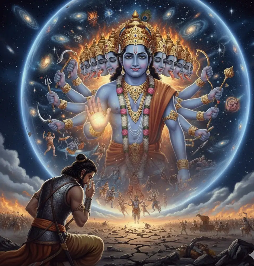 Lord Krishna revealing his multi-armed divine Vishwaroopam form to a kneeling Arjuna on a battlefield.