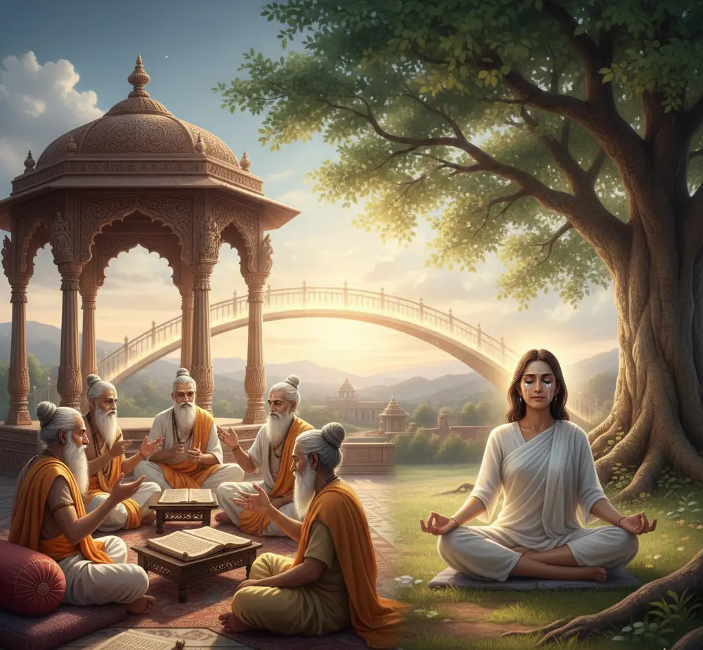 Monks reading ancient text. A lady meditating nearby