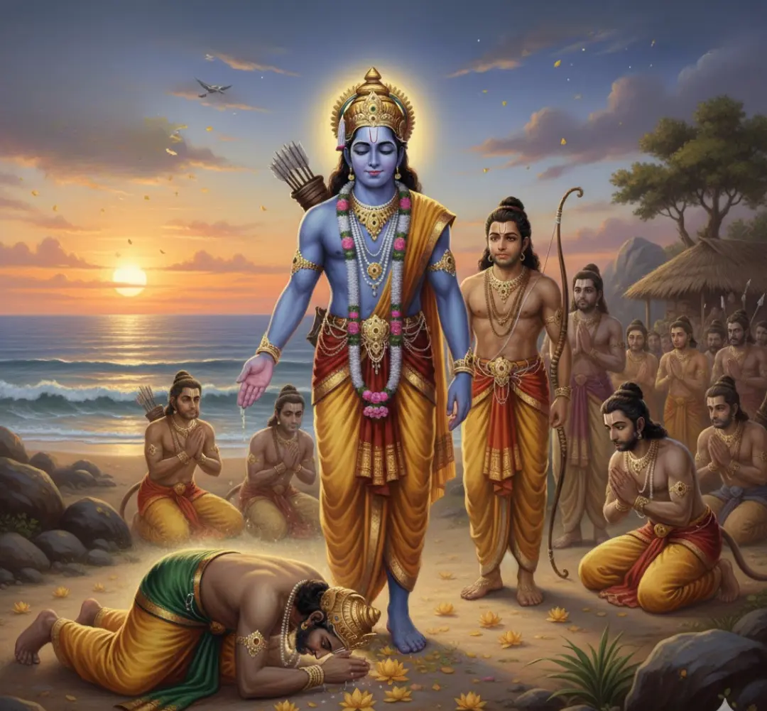 Blue-skinned Lord Rama blessing kneeling devotee on seashore at sunset, with Lakshmana and others praying nearby.