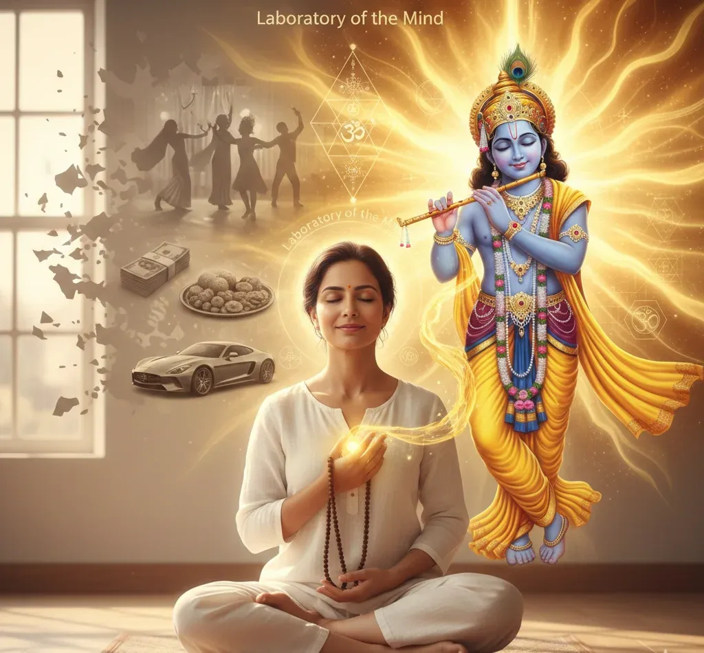 Meditating woman with glowing heart; Krishna radiates golden light. Fading shadows show money, car, partying—contrasting material desires and spiritual focus.