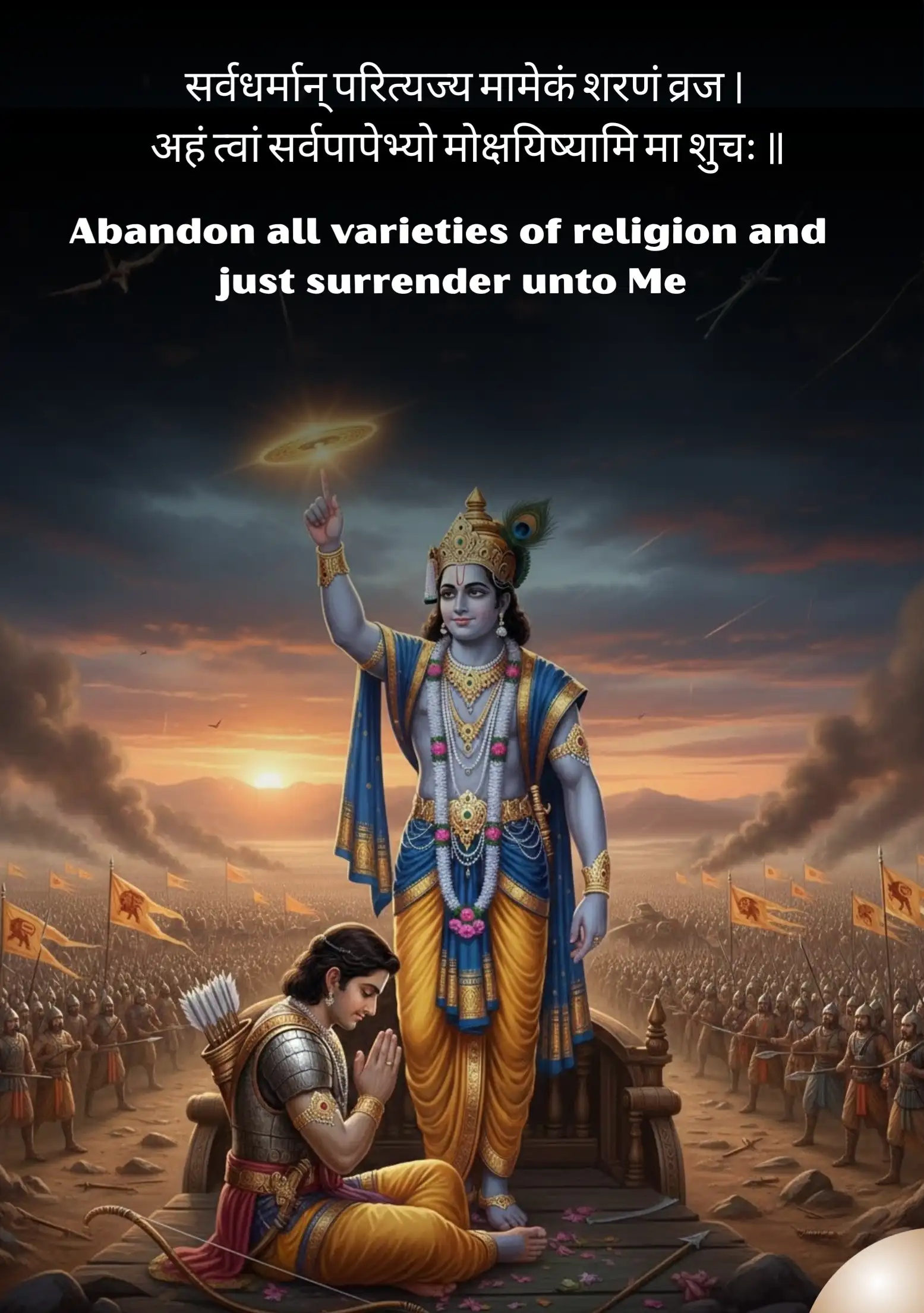 Lord Krishna blessing a kneeling Arjuna on a battlefield at sunset.