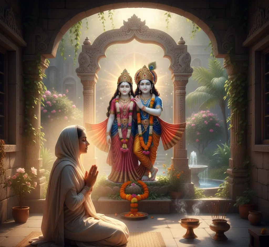 A woman in prayer before a luminous statue of Radha and Krishna in a temple.