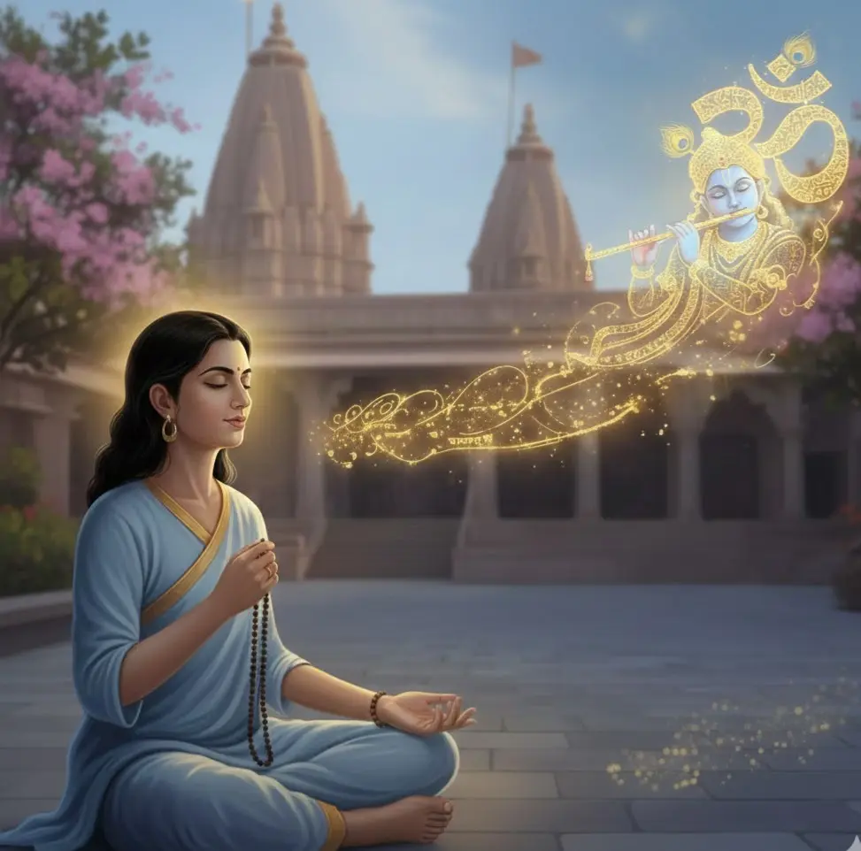 A woman sits in meditation outside a temple, holding prayer beads as a glowing, ethereal image of Lord Krishna playing the flute appears before her.