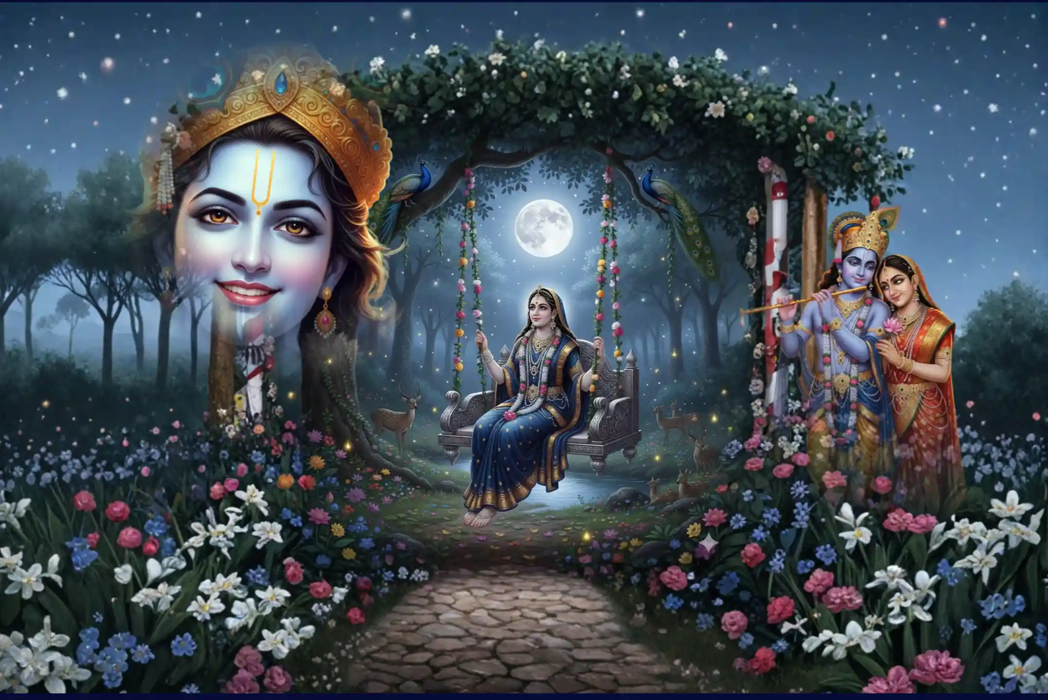 Moonlit forest scene with Radha on swing and Krishna playing flute.