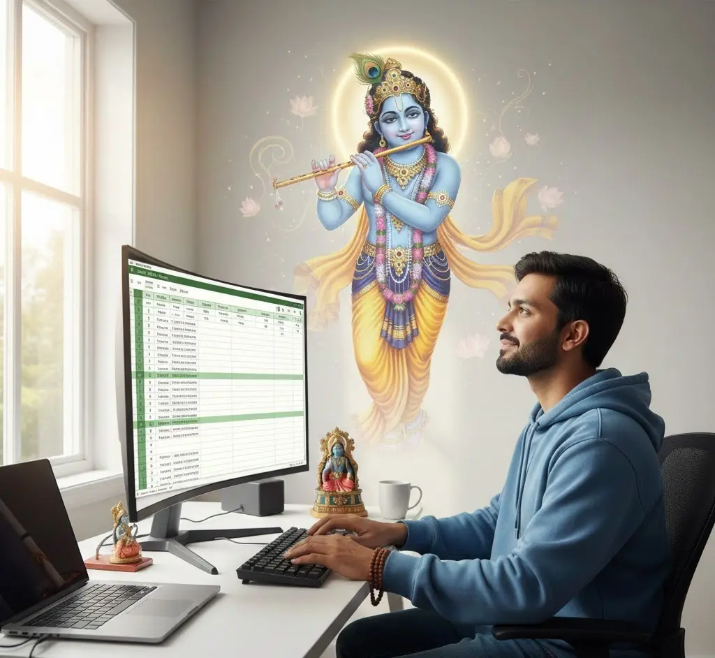 Man working at a computer with a divine Krishna figure hovering behind.