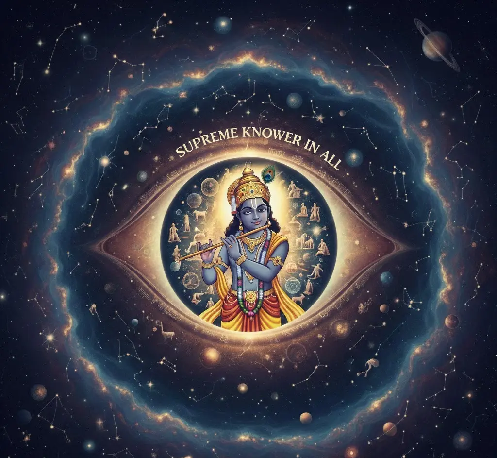 Lord Krishna inside a cosmic eye with stars and the text "Supreme Knower in All."