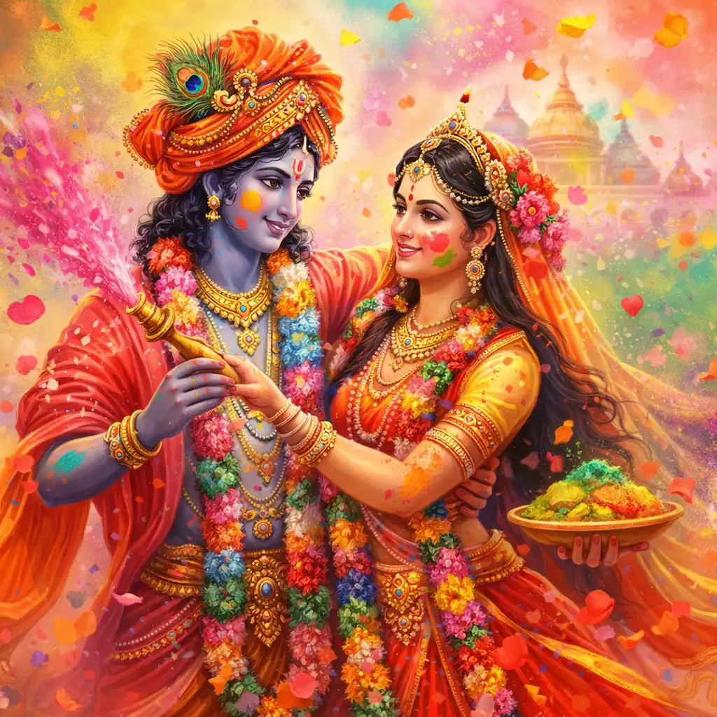 Radha and Krishna celebrating divine love through the joyful colors of Holi. 🌸🎨