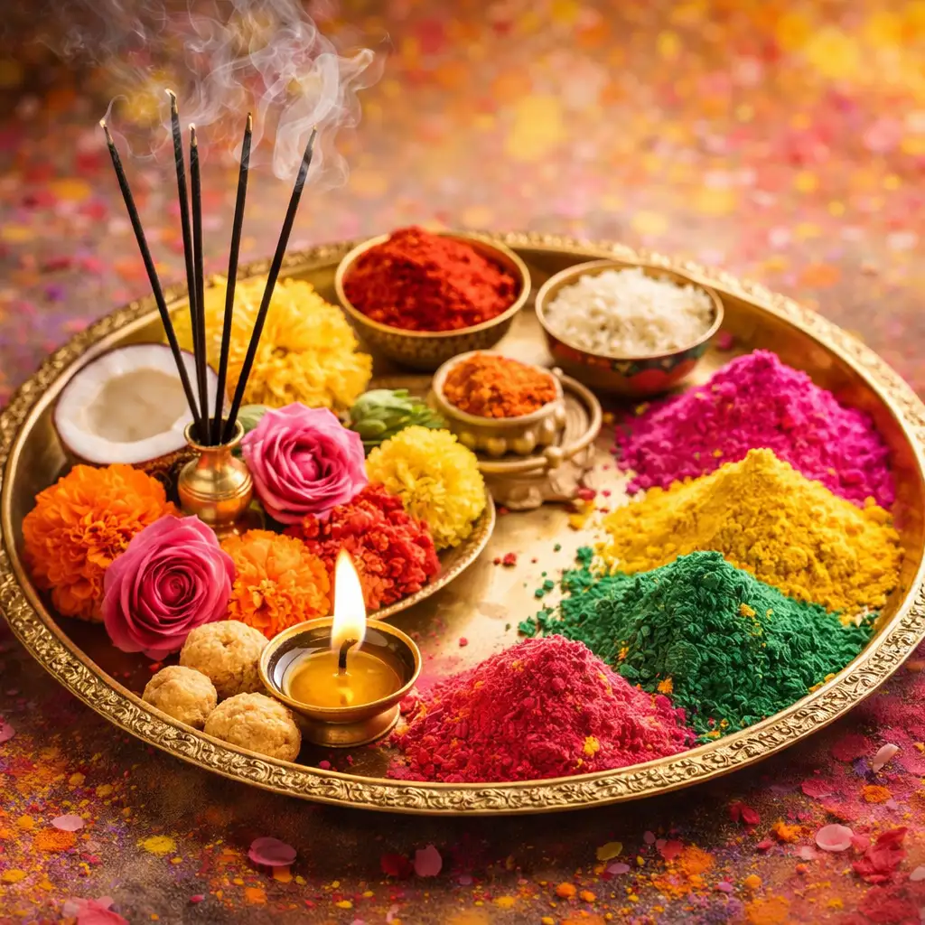 A sacred Holi Puja Thali prepared with flowers, incense, sweets, and organic gulal, symbolizing devotion and spiritual readiness for the festival.