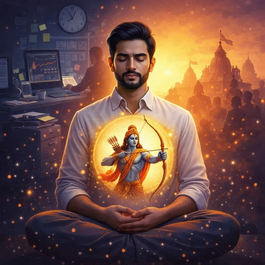 A person meditating peacefully with a glowing image of Lord Rama at the heart, symbolizing the practice of dharma and spiritual reflection in a fast-paced modern world during Ram Navami.