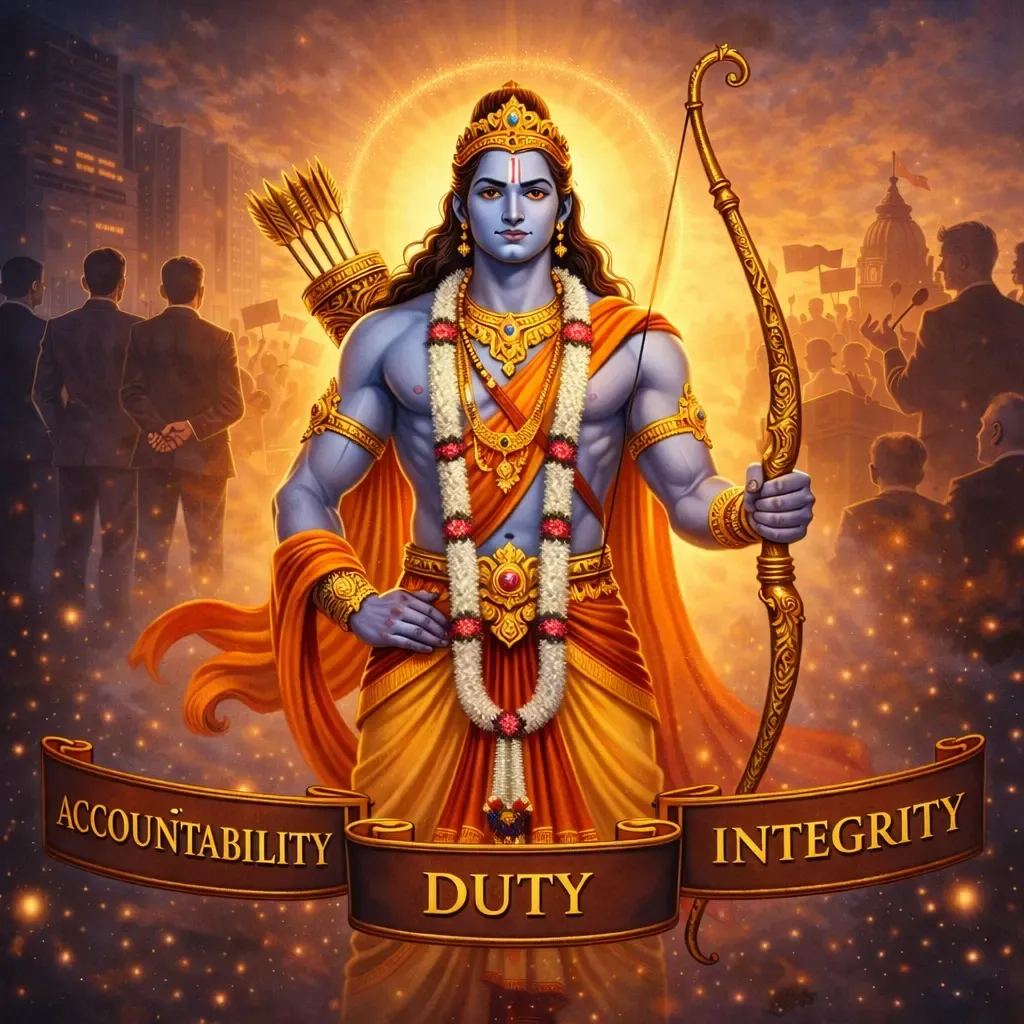 Lord Rama as Maryada Purushottam, the eternal symbol of ethical leadership, reminding modern leaders that true power lies in integrity, duty, and accountability.