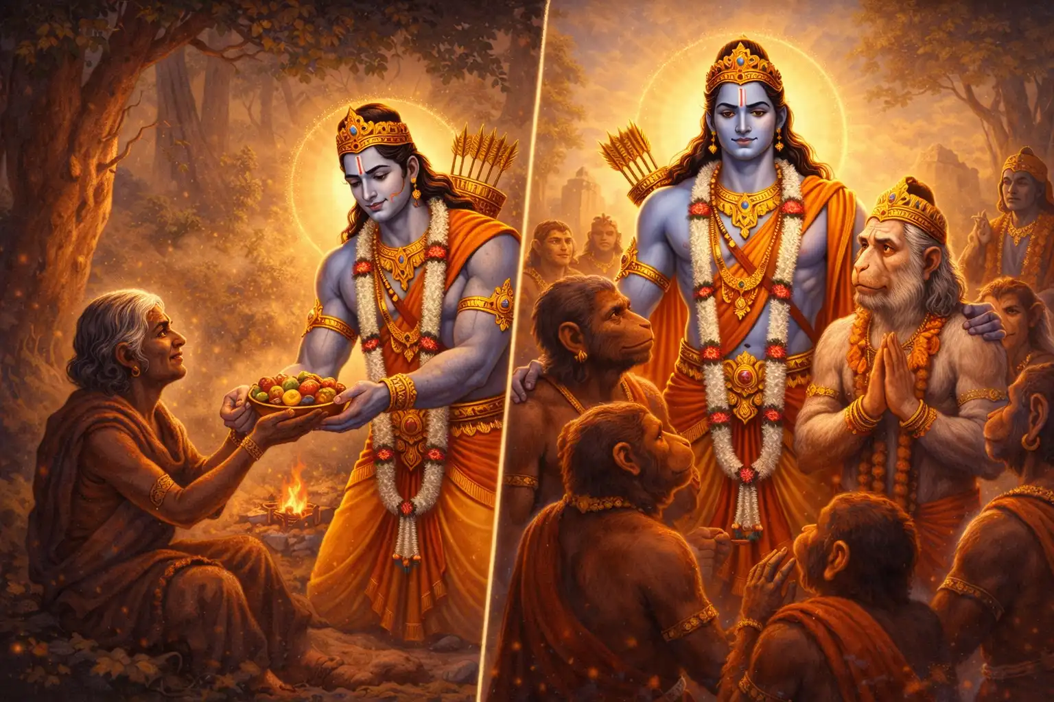 Lord Rama’s compassion transcends social boundaries as he humbly accepts Sabari’s offering and builds bonds with the Vanaras, reminding us that true devotion and dignity belong to every soul.