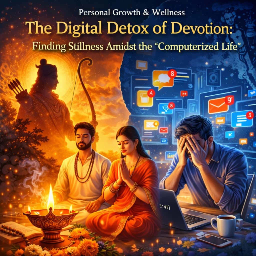 Meditation and digital detox concept showing peaceful devotion contrasted with modern technology stress for mental wellness