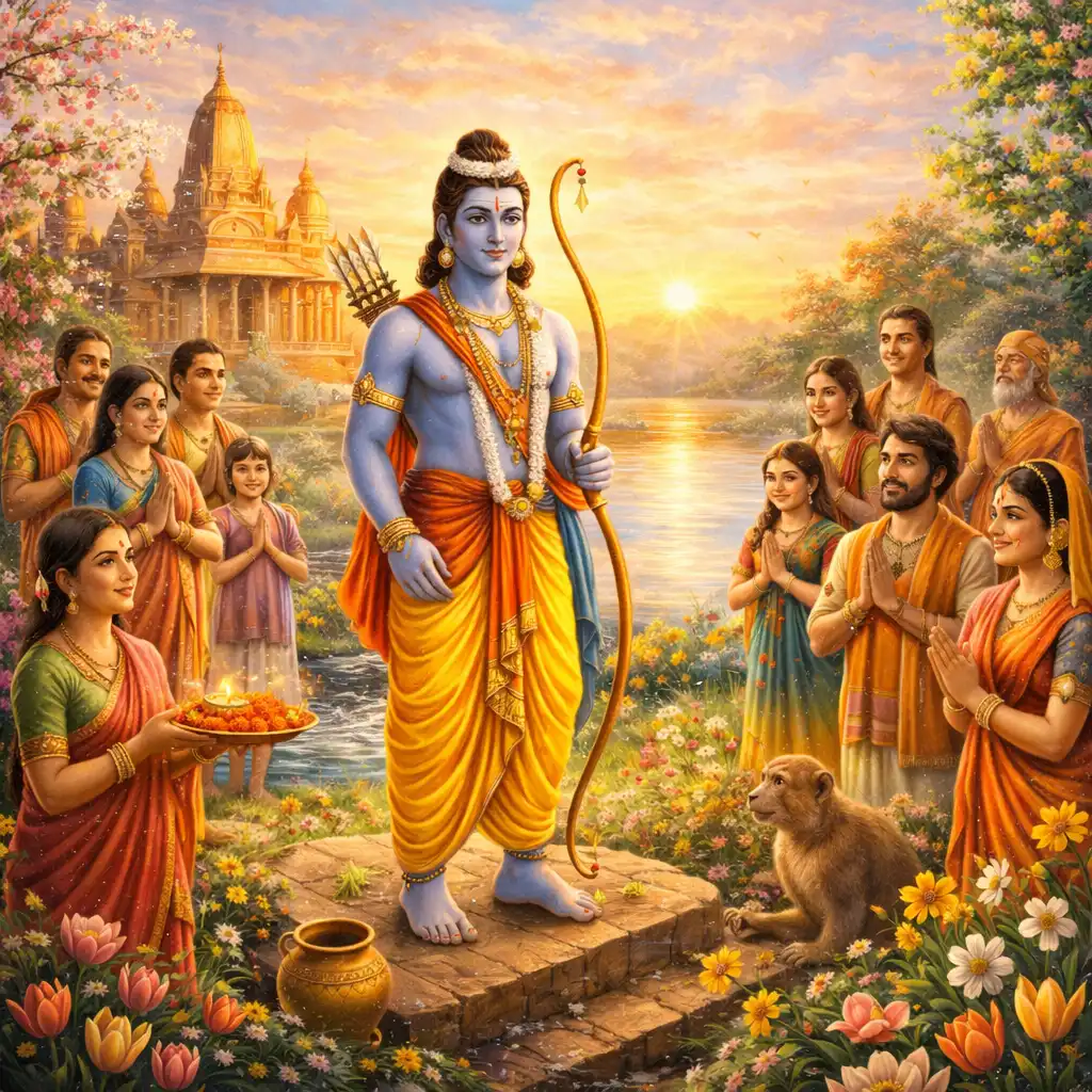Lord Rama standing in a spring landscape with blooming flowers and sunrise, surrounded by devotees in prayer, symbolizing renewal, hope, and spiritual awakening on Ram Navami