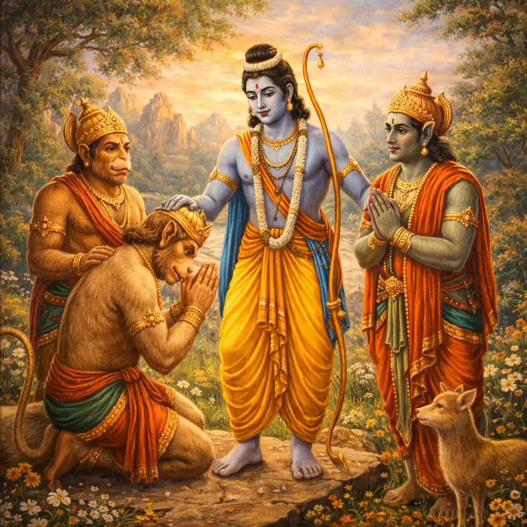 Lord Rama blessing Hanuman and Vibhishana in a serene forest setting, symbolizing compassion, acceptance, and unity beyond differences