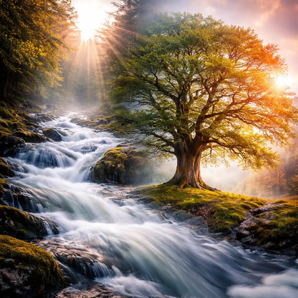 Flowing river symbolizing constant change, spiritual growth, and accepting God's plan with equanimity and surrender.