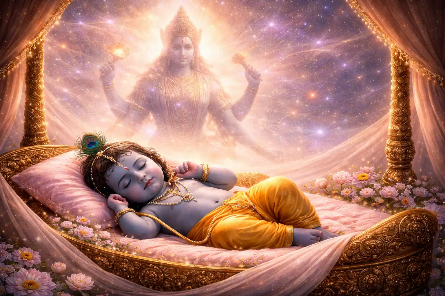 Baby Krishna holding the universe, symbolizing the unborn Divine appearing as an infant and cosmic infinity within Him.