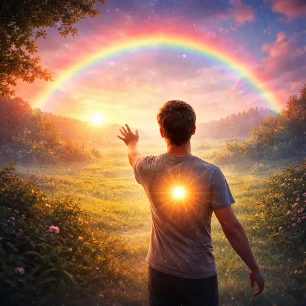 Person reaching toward a distant rainbow while a glowing light shines from their heart, symbolizing God as both far from ego and near within the soul.