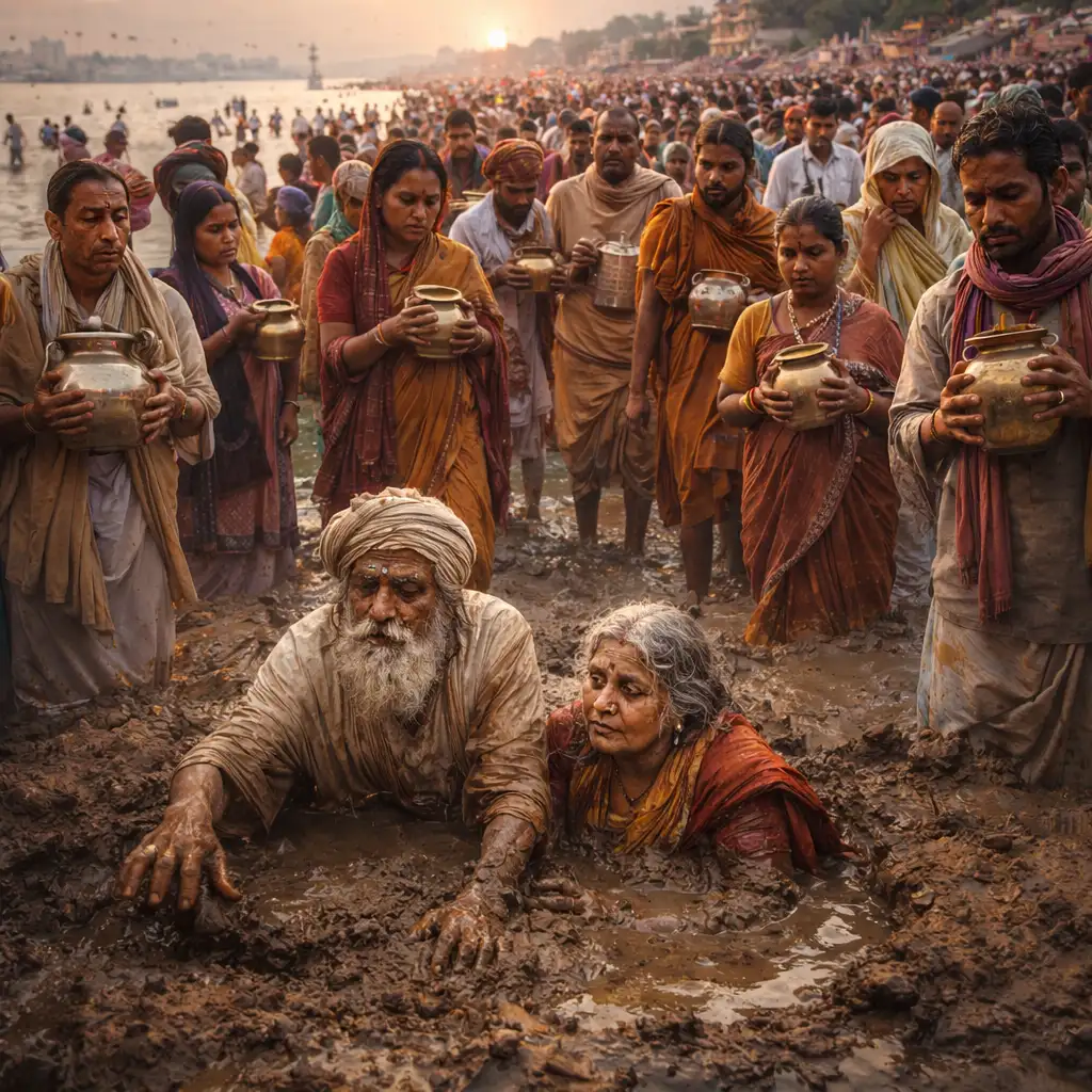 Elderly couple stuck in mud near the Ganges as pilgrims walk past with water pots, symbolizing ritual without true faith and surrender.