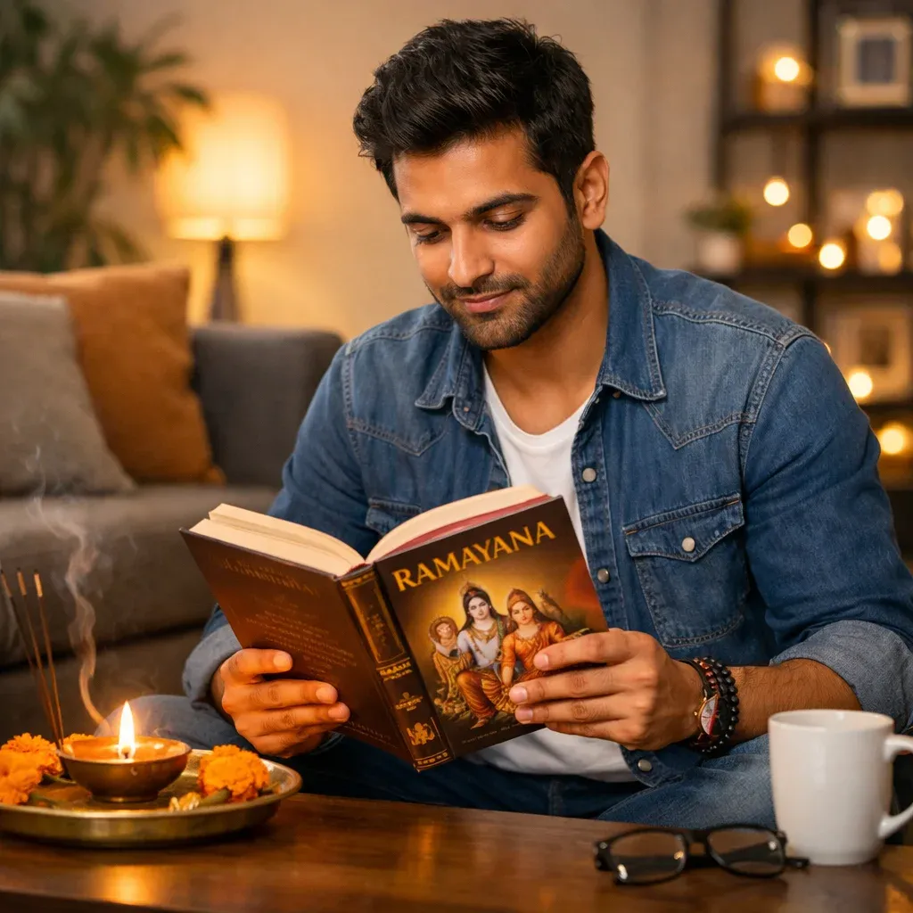 A young man in modern casual clothing sits in a cozy contemporary living room reading the Ramayana, with a lit diya, incense, and marigold flowers on a table, symbolizing the practice of traditional values like compassion and integrity in everyday modern life.