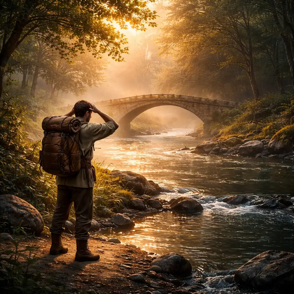 Traveler standing at a riverbank looking confused while a stone bridge appears nearby, symbolizing trusting God's plan and maintaining equanimity in life's challenges.