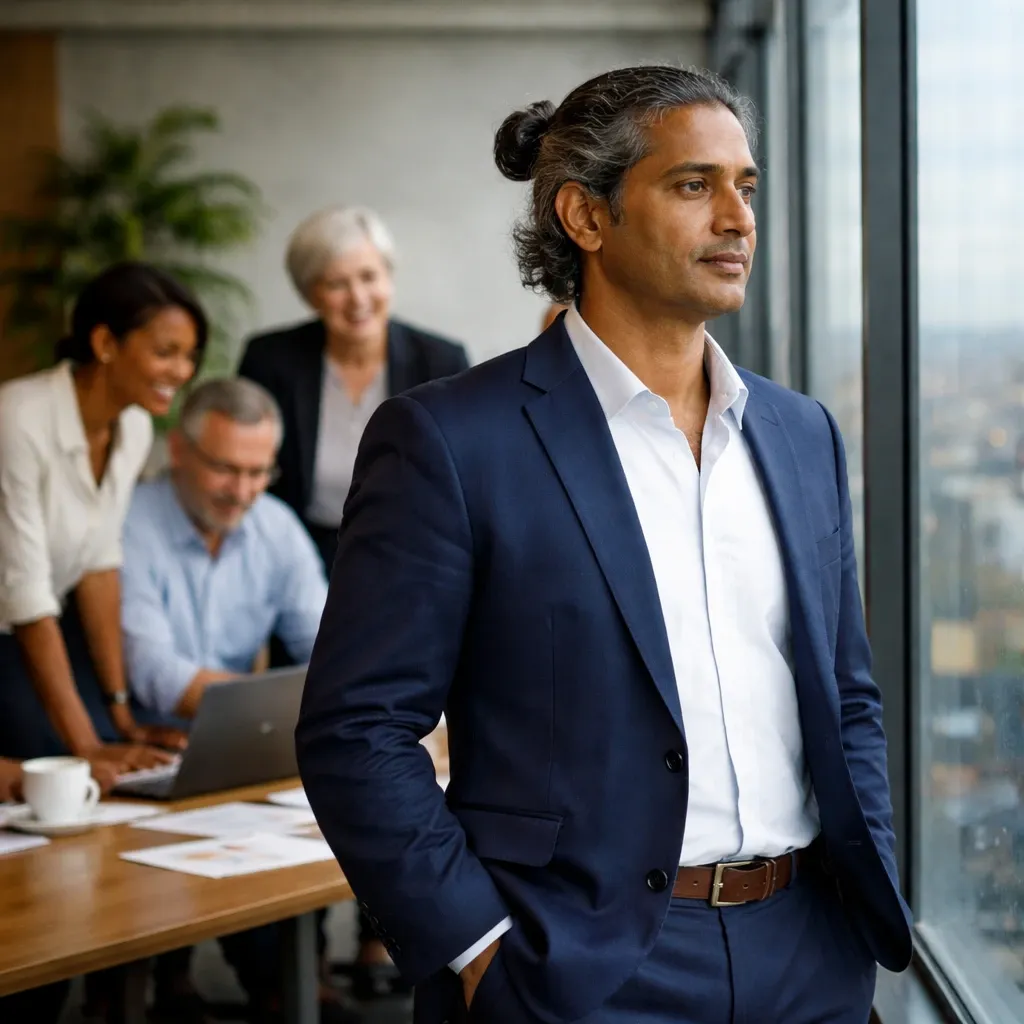 A compassionate leader, inspired by Ram’s equanimity, reflects calmly while their diverse team collaborates behind them—embodying unity, empathy, and purpose-driven leadership.