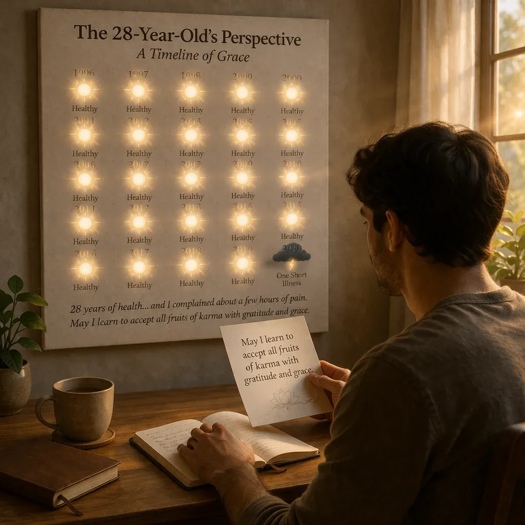 Man looking at life timeline with many healthy years and one illness representing gratitude and acceptance