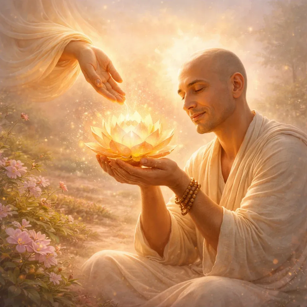 With a peaceful heart and gentle smile, the devotee gratefully accepts the radiant lotus offered from the divine hand