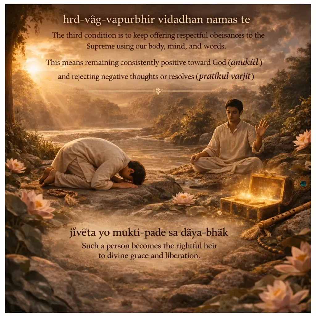 Person bowing in devotion with message hrd vag vapurbhir vidadhan namas te representing surrender and divine grace