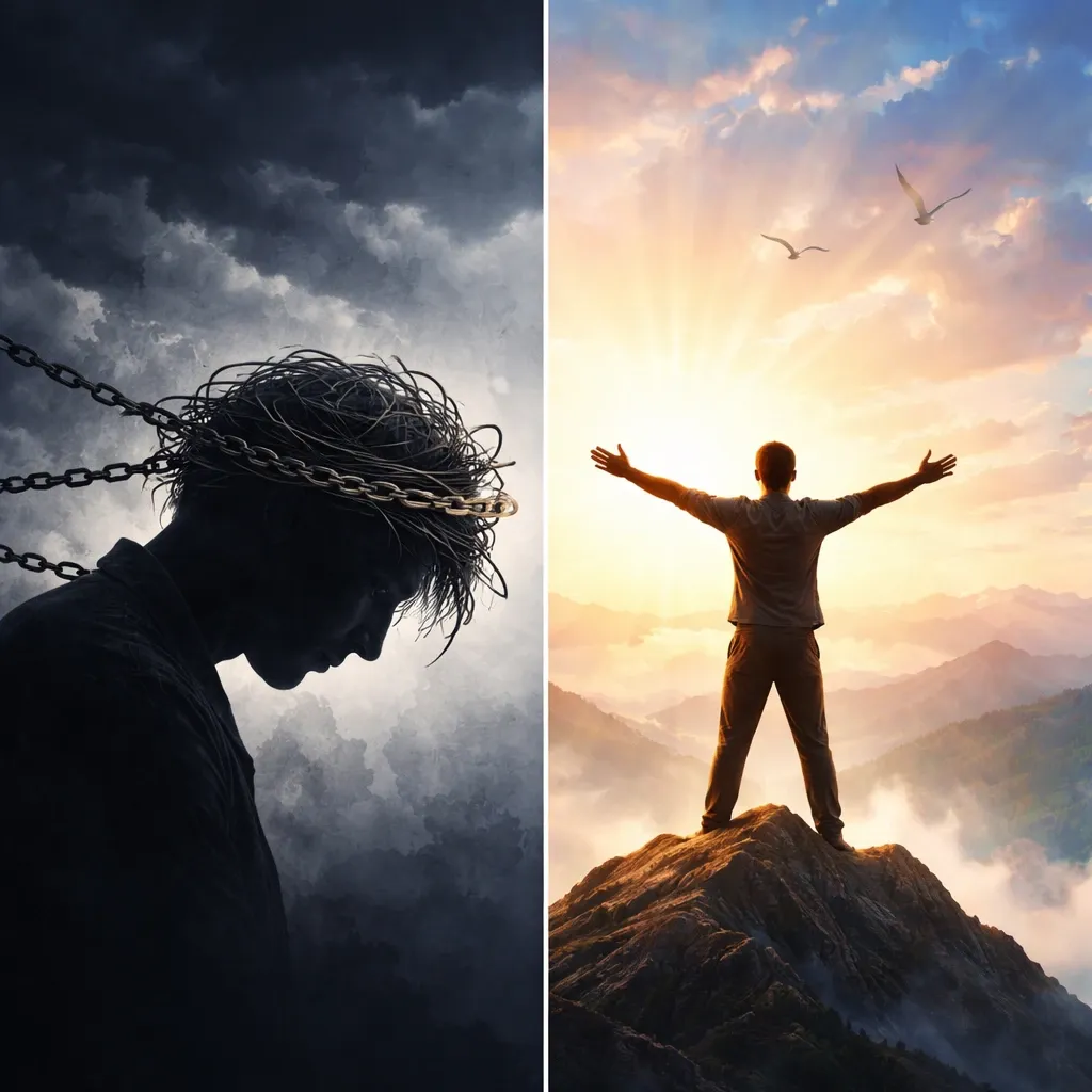 Split screen illustration showing contrast between mental bondage and spiritual freedom.