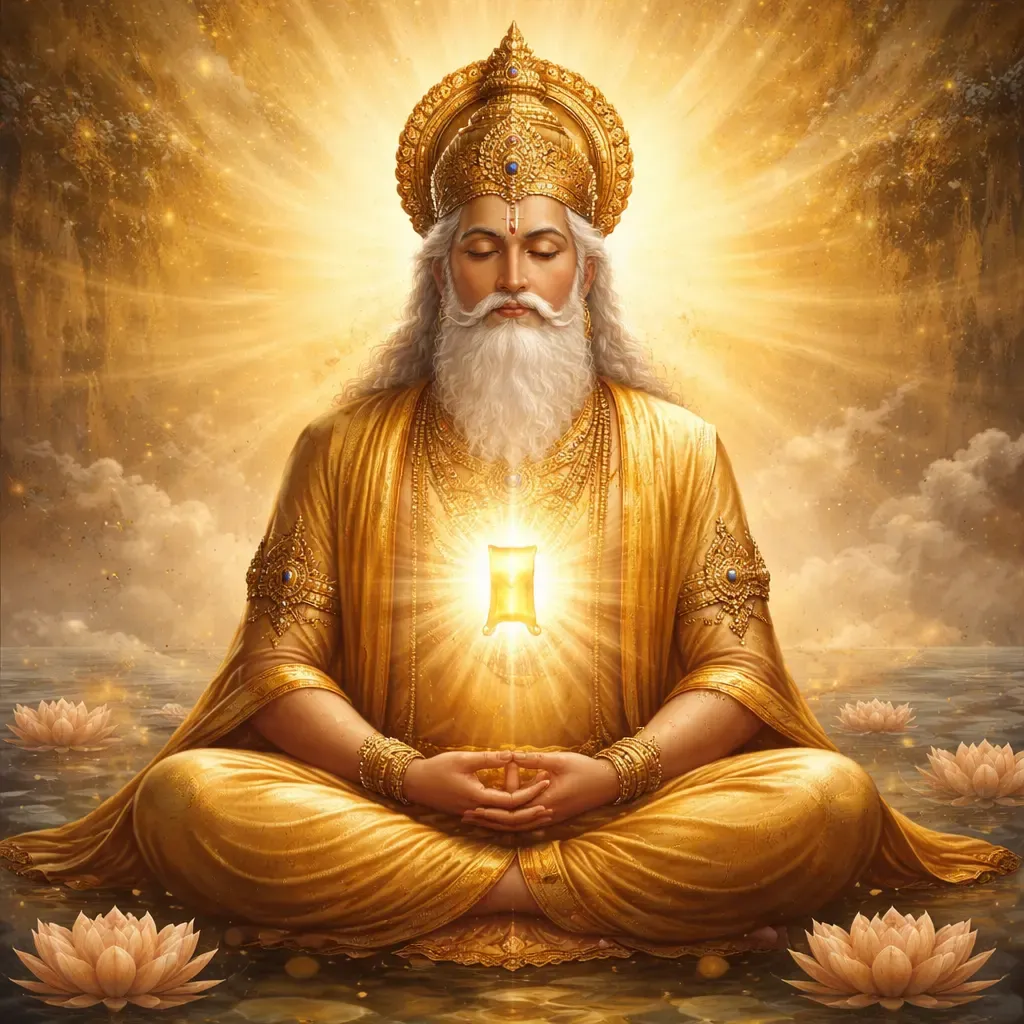 Lord Brahma meditating with glowing divine seed of Bhagavat wisdom in heart, golden spiritual light, Hindu creation symbolism
