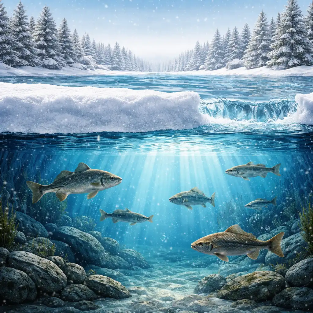 Frozen lake cross section showing ice layer above and fish swimming in water below, illustrating water density anomaly protecting aquatic life