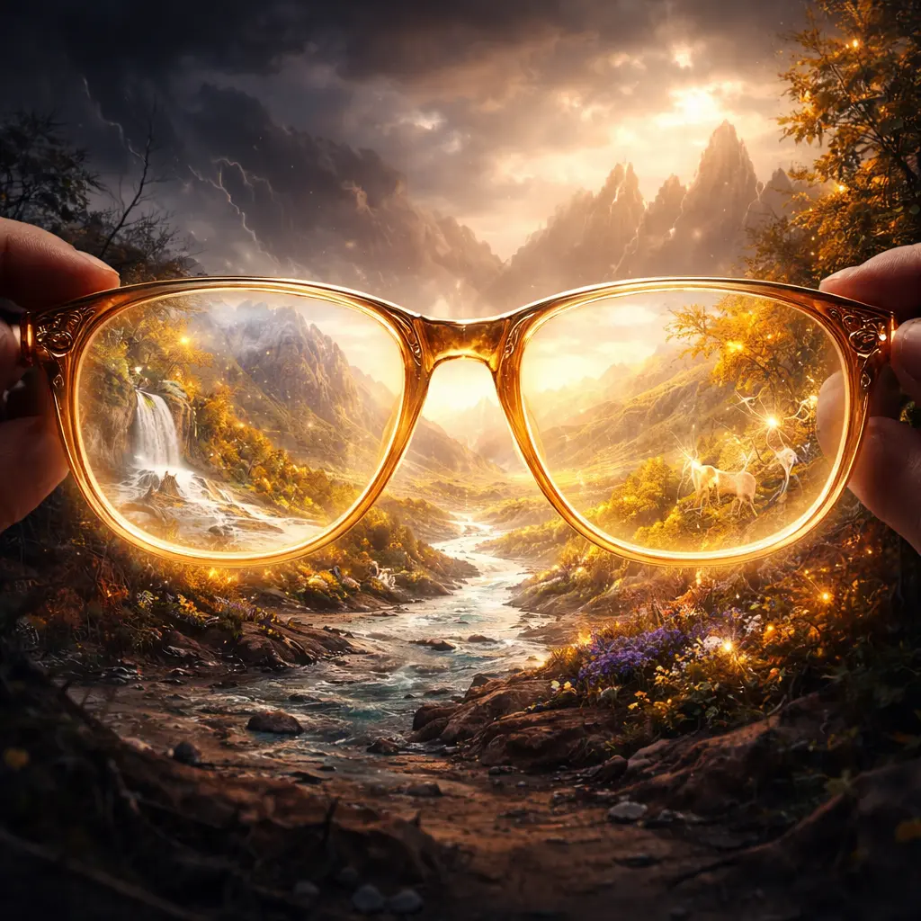 Glowing glasses revealing golden divine world from dark chaotic landscape, symbolic Darshan Shastra spiritual vision and seeing God's presence everywhere