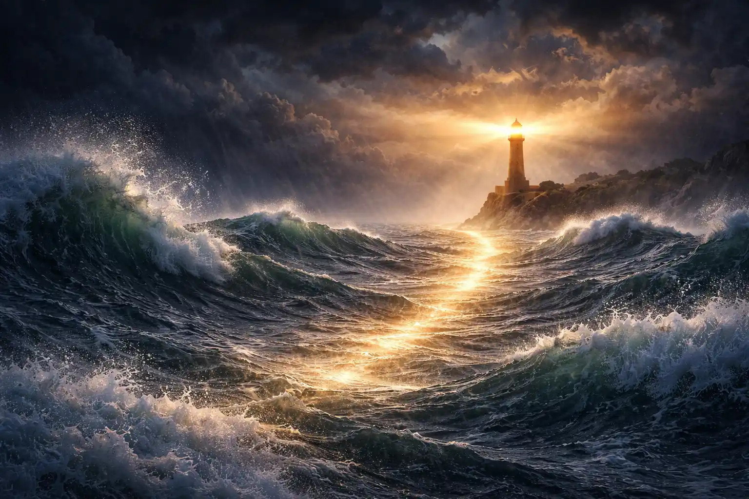 Stormy ocean waves with lighthouse casting golden light path through darkness, symbolizing hope, divine grace, and guidance during adversity