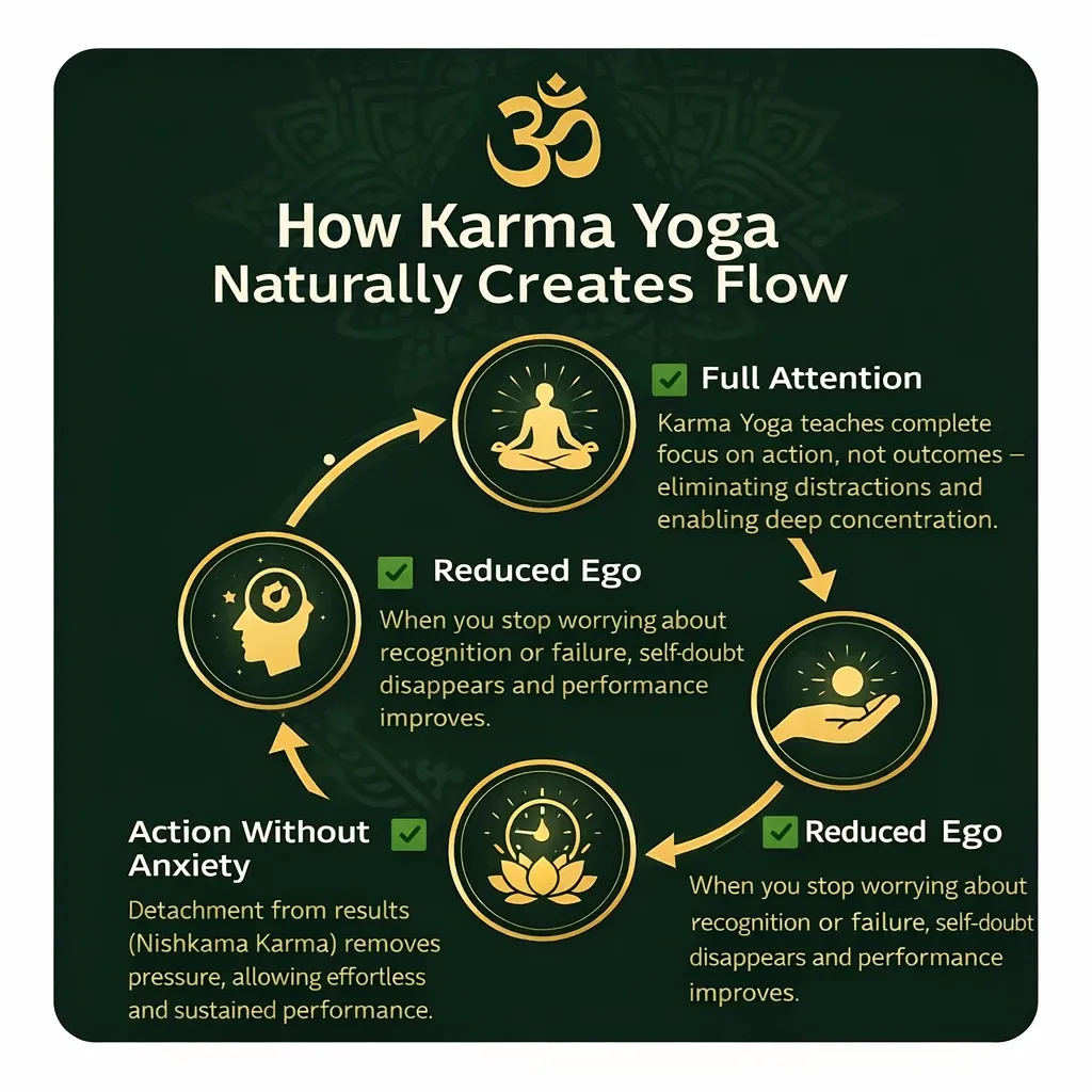 Karma Yoga and Flow: When action is done with full attention, reduced ego, present moment awareness, and detachment from outcomes, work naturally enters a state of effortless flow.