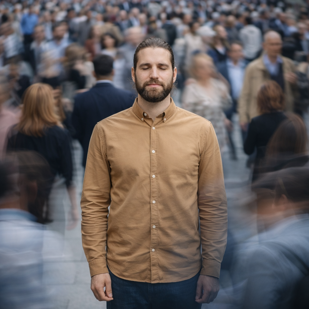 Calm within chaos. A still mind remains steady even as the world rushes by, reflecting the Bhagavad Gita’s lesson on inner equilibrium.