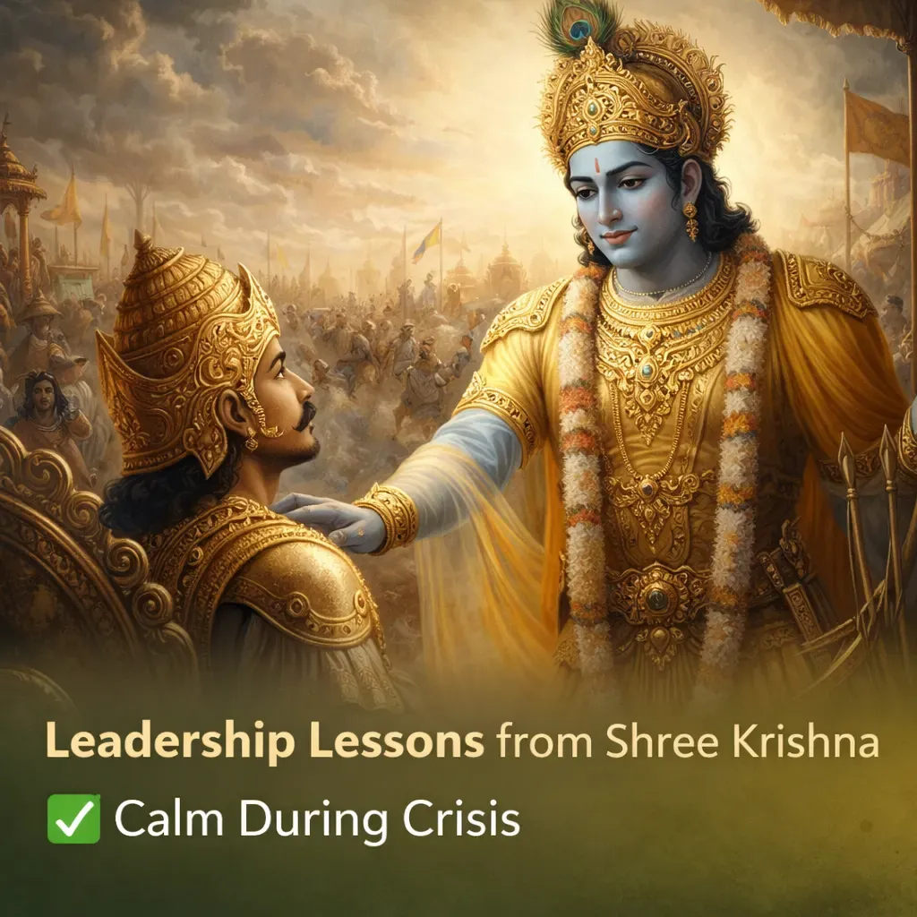 Shree Krishna leads not by force but by wisdom and calm guidance, showing that true leadership inspires clarity and courage even in the midst of crisis.