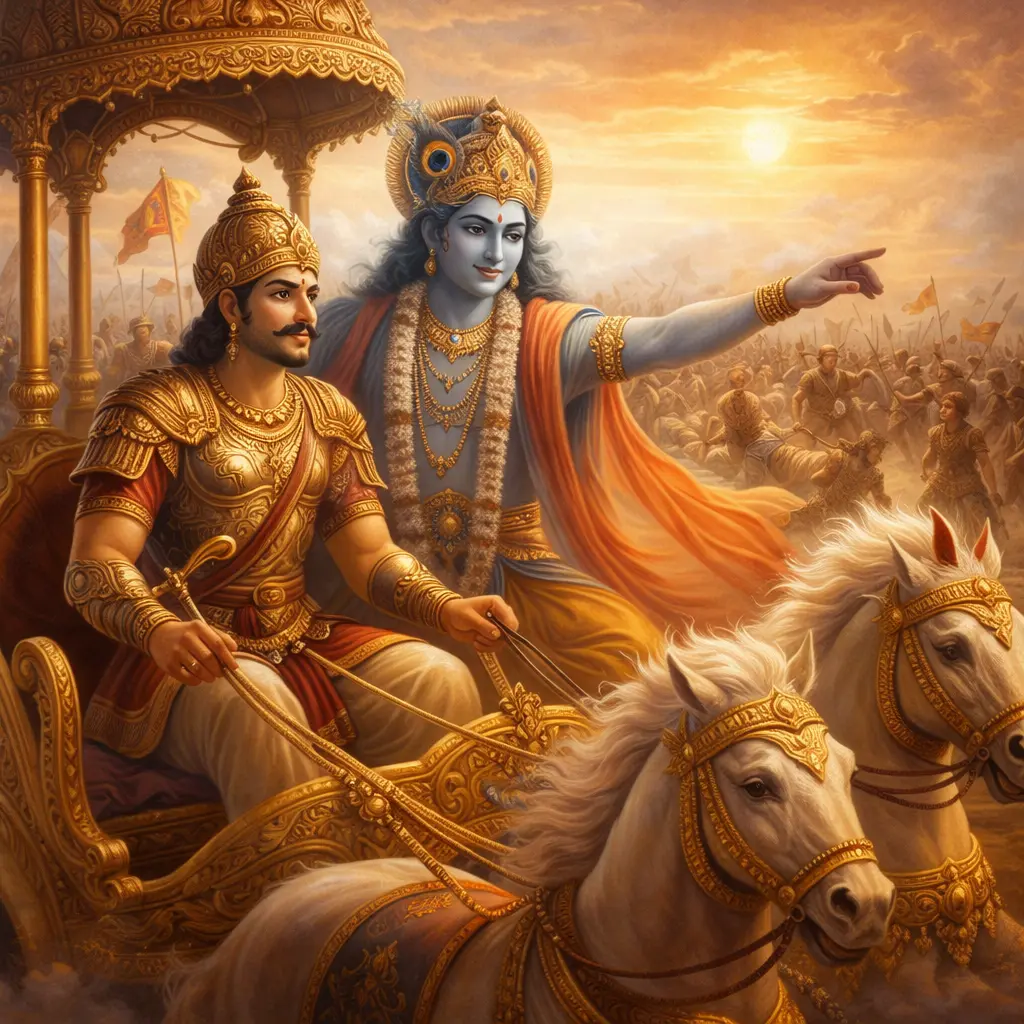 Krishna guiding Arjuna on the battlefield of Kurukshetra, delivering the timeless wisdom of the Bhagavad Gita